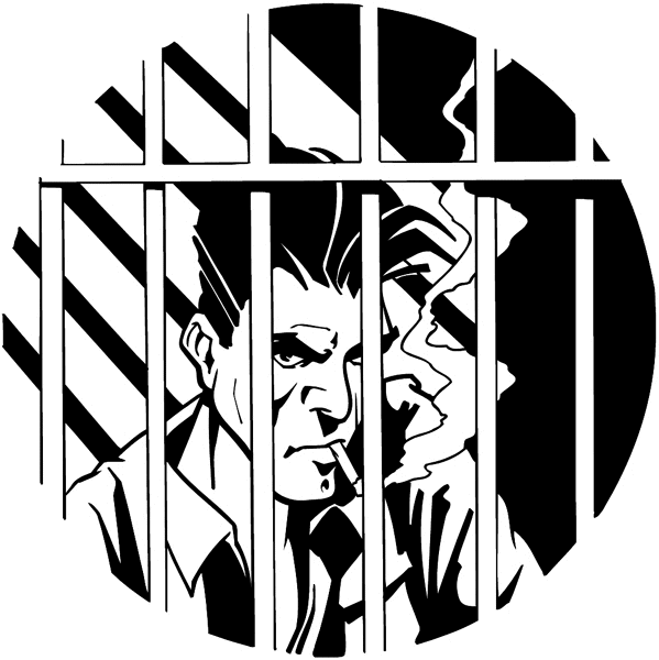 Man with cigarette behind bars vinyl sticker. Customize on line. Law and Order 057-0160